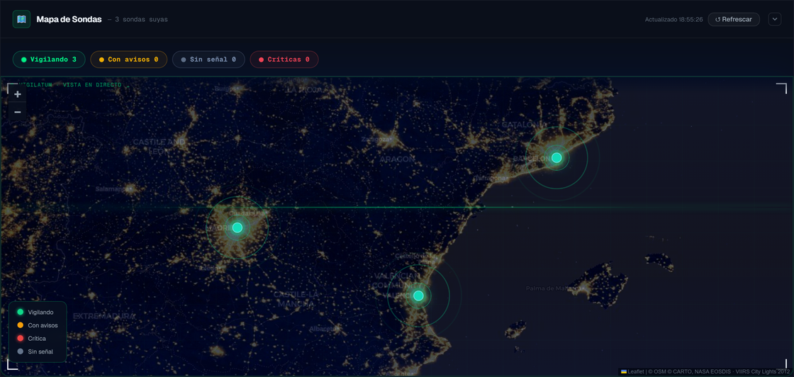 Vigilatum dashboard with the map of monitored sites and the status of each one
